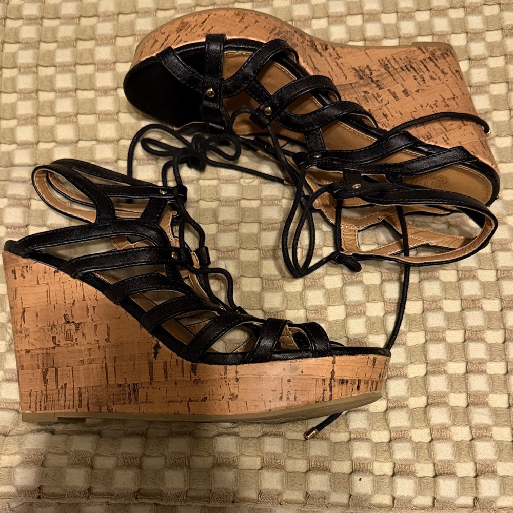 Black Strappy Wedge Sandals